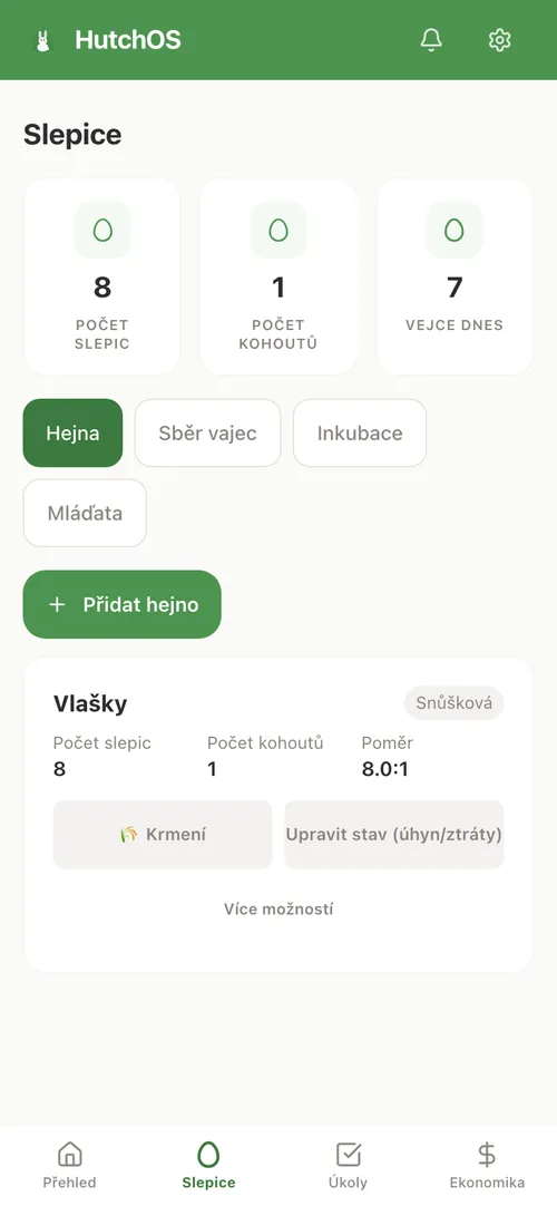 Přehled hejna slepic v HutchOS — snáška, počet slepic a poměr ke kohoutovi