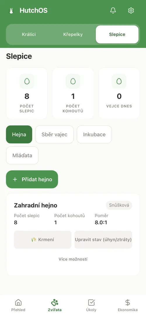 Přehled hejna slepic v HutchOS: snáška, počet slepic a poměr ke kohoutovi