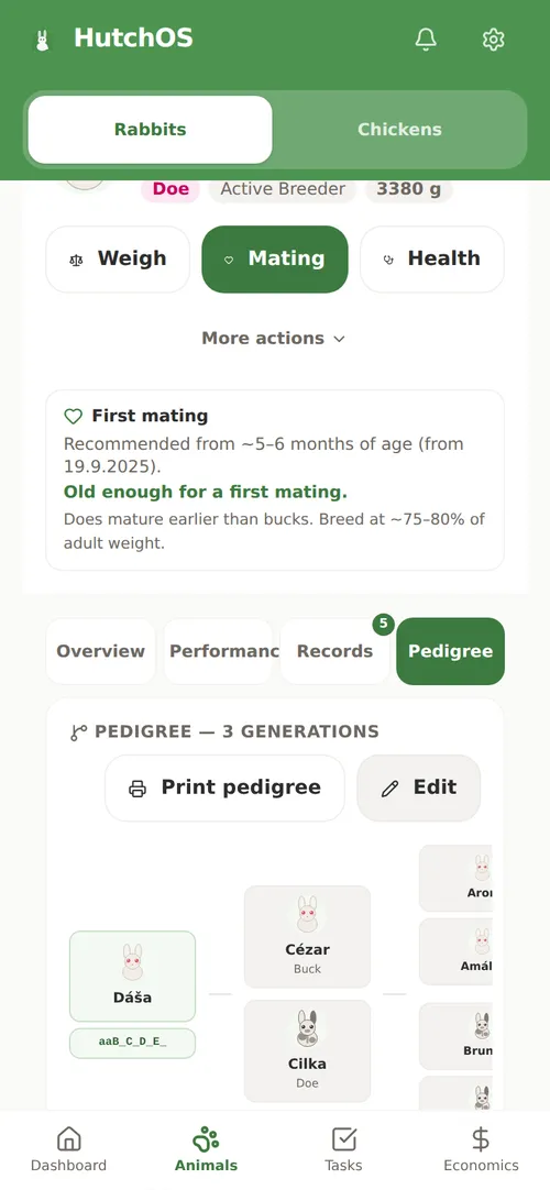 Three-generation rabbit pedigree in the HutchOS app